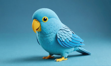 A blue parrot with yellow beak and feet stands on a blue backgroundの素材
