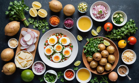 A variety of ingredients for a fresh salad, including potatoes, eggs, and vegetables, are displayed on a dark countertopの素材