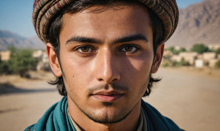 A young man wearing a traditional head covering looks intently at the camera in a village settingの素材