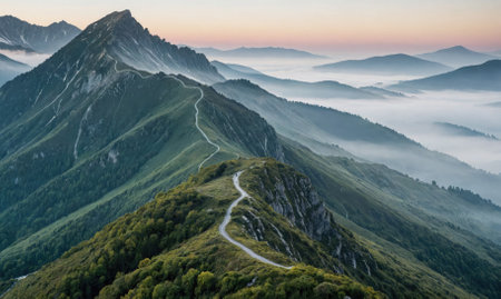 A winding road leads up a mountainside, surrounded by fog and distant peaksの素材