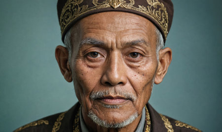 A close-up portrait of an older man wearing a traditional hat, looking directly at the cameraの素材