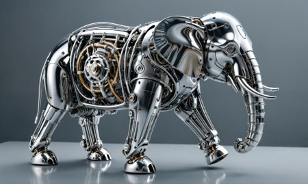 A chrome-plated robotic elephant walks on a gray surfaceの素材