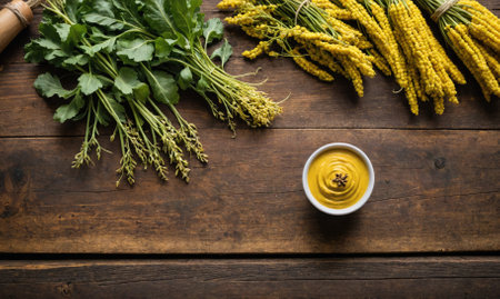 A bowl of mustard sits on a wooden table surrounded by fresh mustard plantsの素材