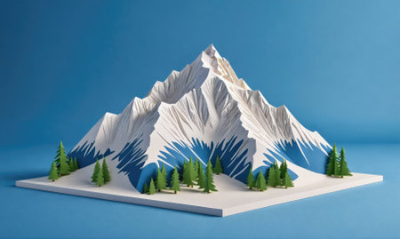 A snowy mountain with a cluster of trees at its base, rendered in a 3D paper-like style, set against a vibrant blue backgroundの素材