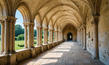 A long, arched hallway in an old building, with sunlight streaming in through the windowsの素材