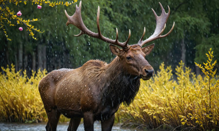 A large elk stands in a forest during a light rain showerの素材