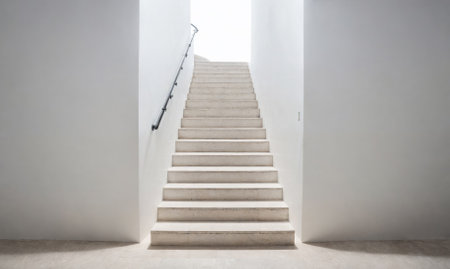 A set of white stairs with a black handrail lead up to a bright, white spaceの素材