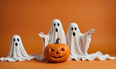 Three ghosts pose with a carved pumpkin against an orange backgroundの素材