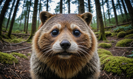 A raccoon looks directly at the camera in a forest, seemingly surprisedの素材