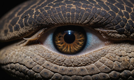 A close-up of a reptiles eye, showing the intricate detail of its scales and the depth of its gazeの素材