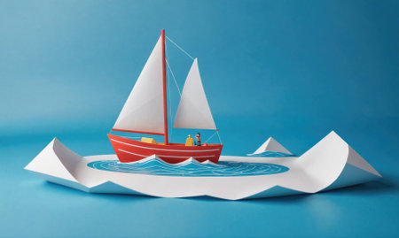 A red sailboat with a white sail is sailing on a blue paper seaの素材