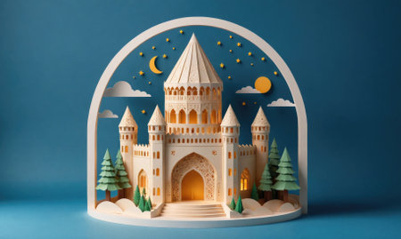 A paper castle stands tall against a blue night sky, illuminated by the moon and starsの素材