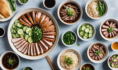A table full of delicious Asian dishes ready to be eatenの素材