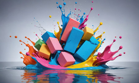 Colorful paint splashes and blocks create a vibrant explosion in a studio settingの素材