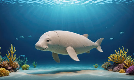 A dugong swims through a coral reef in the oceanの素材