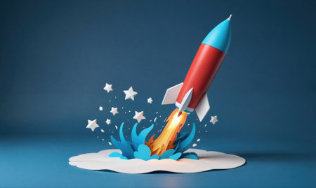 A paper rocket blasts off from a cloud, surrounded by starsの素材