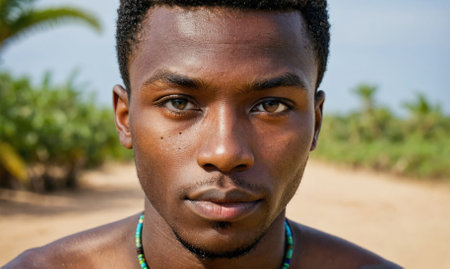 A young man with dark skin looks directly at the camera, standing in a rural settingの素材