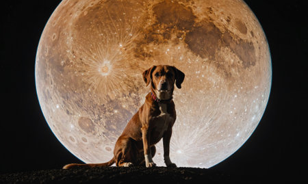 A brown dog sits in front of a large, bright moonの素材