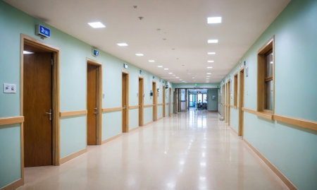 A long, empty hallway in a building with light blue walls and a white tile floorの素材