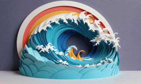 A paper wave sculpture with a colorful rainbow backgroundの素材