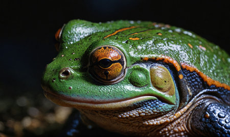 A green and blue frog with an orange eye stares into the cameraの素材