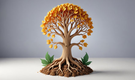 A stylized tree with yellow leaves stands against a light gray backgroundの素材