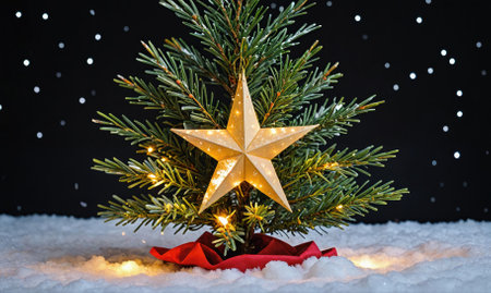 A small Christmas tree with a golden star on top sits in the snow with white lights glowing on a dark nightの素材