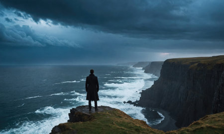 A solitary figure stands on a cliff overlooking the crashing waves and dramatic coastlineの素材
