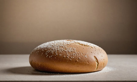 A freshly baked loaf of bread sits on a countertop, dusted with flourの素材