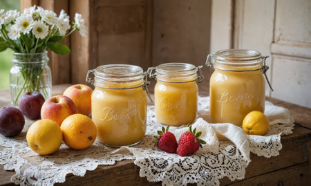 Three jars of homemade lemon curd sit on a table with fresh fruitの素材