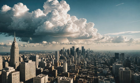 A large, fluffy cloud hovers over New York City on a sunny afternoonの素材