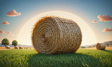A hay bale sits in a field at sunset with other bales in the backgroundの素材