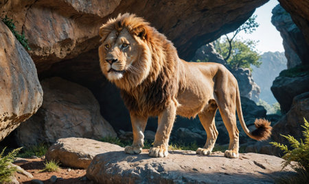 A large male lion stands on a rock near a cave entrance, gazing out at the landscapeの素材