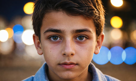 A young boy stares directly at the camera, a backdrop of colorful lights blurring behind himの素材