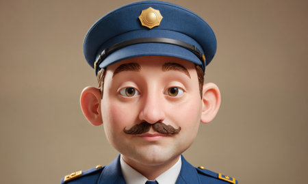 A cartoon man with a mustache wears a blue uniform and a hat with a gold badgeの素材