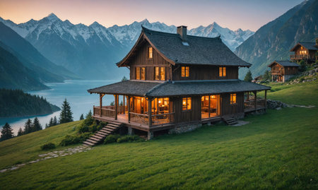 A wooden cabin sits on a grassy hillside overlooking a lake and mountains at duskの素材