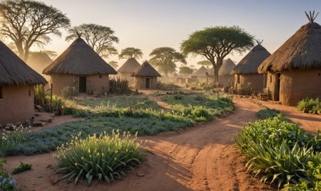 A village in Africa at sunrise, with traditional thatched huts and dirt roadsの素材
