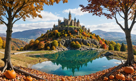 A large castle sits atop a hill, surrounded by vibrant autumn foliage, reflecting in a still lake belowの素材