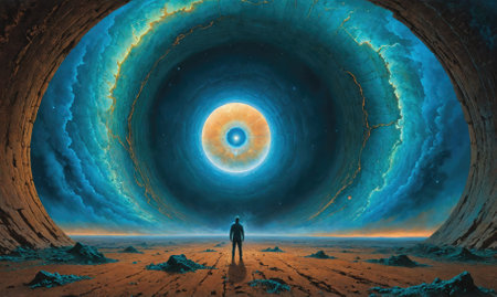 A lone figure stands on a barren landscape, gazing up at a giant eye in the skyの素材