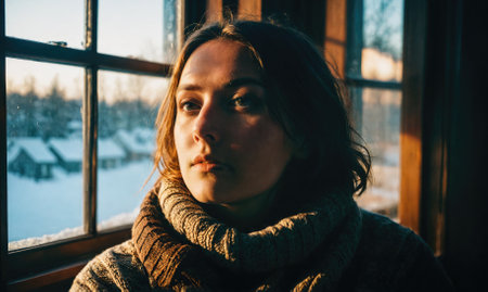 A woman looks out a window at a snowy scene in the winterの素材