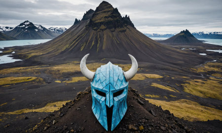 A blue horned helmet sits atop a volcanic hill in Iceland, overlooking a dramatic landscapeの素材