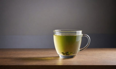 A glass mug filled with green tea sits on a wooden tableの素材