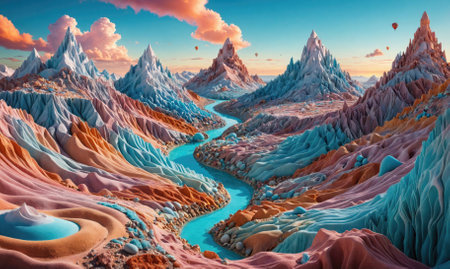 A winding river flows through a colorful mountain range, with hot air balloons floating in the skyの素材