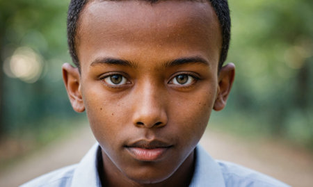 A young boy with dark skin and brown eyes looks directly at the camera, standing outside in a parkの素材