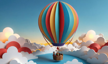 A colorful hot air balloon floats above a sea of paper cloudsの素材