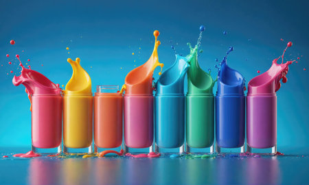 Colorful nail polish bottles explode with color against a blue backgroundの素材