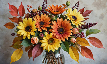 A vase of fall-colored sunflowers and roses sits on a tableの素材