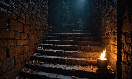 A lit torch sits at the bottom of a dark stone staircase, illuminating the path aheadの素材