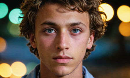 A young man with curly hair stares intently at the camera, his blue eyes piercing, standing against a backdrop of blurred city lightsの素材