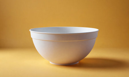 A white mixing bowl sits on a yellow surfaceの素材